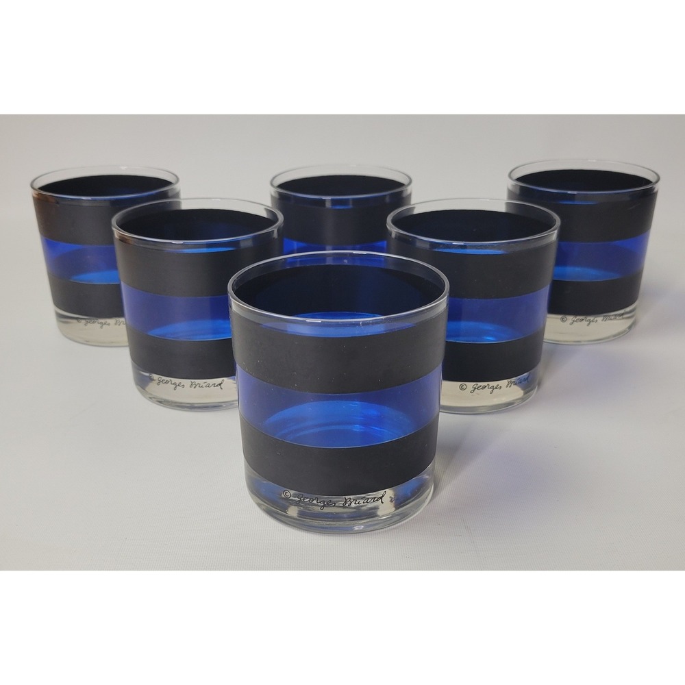 Georges Briard Vintage MCM Cobalt Blue & Black Striped Lowball Glasses Set of 6
